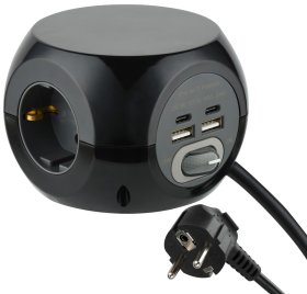 Ilgiklis ELECTRALINE Mini Cube, 3 lizd. + 2 USB Type A + 2 USB Type C, 1,5 m, su įž., su jungikliu, 3 x 1,5, juodos sp., 62080