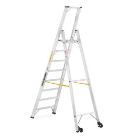 Kopėčios ITOSS FORTE, aliuminės, vienpusės, su porankiais ir ratukais, 8 pakopų, 169-256 cm