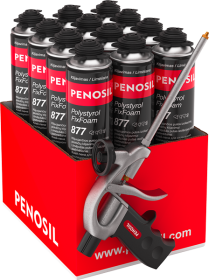 Klijuojančios putos PENOSIL Premium Polystyrol Fixfoam 877, 750 ml x 12 vnt. + pistoletas putoms C1