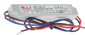 LED transformatorius GLP Gpv-18-12, 18 W  1,5A, DC 12 V, AC 200-240 V, IP67, plastikinis, nuo -30 iki +70 laipsnių, 130 x 25 x 22 mm