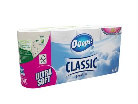 Tualetinis popierius OOOPS! Classic Sensitive, 3-jų sluoksnių, 8 vnt.