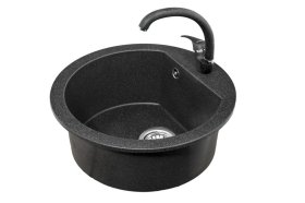 Plautuvės komplektas ODUS Od-302, D-51 cm, akmens masės, juodos spalvos, komplekte maišytuvas, ventilis, Lenkija