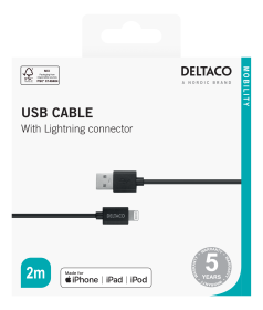 USB - iPhone laidas DELTACO Iplh-412, 2m, MFI, FSC ženklinta pakuotė, juodos sp.