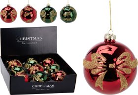 Eglutės žaisliukas, stiklas, 2 skirtingos sp., kiekviena spalva 2 dizainai (su dideliu kaspinu arba daug mažų kaspinėlių), skersmuo 10 cm