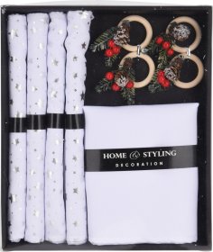 Stalo serviravimo rinkinys, 4 vnt. stalo padėkliukų, 30 x 45 cm, 4 vnt. servetėlių, 30 x 30 cm, 4 vnt. medinių servetėlių žiedų, 2 skirtingi dizainai