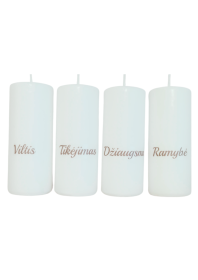 Šventinis žvakių rinkinys su užrašais, 4,8 x 12 cm, 4 vnt., balta sp.