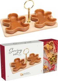 Serviravimo indų rinkinys, bambukinis padėklas 24 x 11 x 1 cm, 2 vnt. keraminiai indeliai 10,5 x 11 x 4 cm