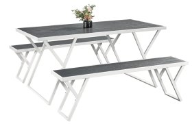 Lauko valgomojo komplektas NOVELLY HOME, polivudas ir plienas, stalas 158 x 81 x 74 cm, 2 suolai 143,5 x 31 x 44 cm, pilkos sp.