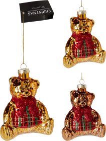 Kalėdinė dekoracija Meškiukas, stiklas, 2 skirtingos sp., su liemene ir varlyte, 10 x 6,5 x 11 cm