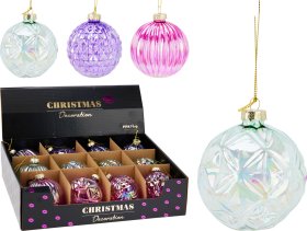 Eglutės žaisliukas, stiklas, 3 skirtingos sp., blizgūs, skersmuo 8 cm