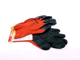 Pirštinės HERVIN, (9)L dydis, raudona spalva, poliesterinės, aplietos lateksu, CE, LLP001