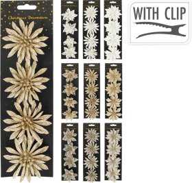 Kalėdinė dekoracija Gėlės, 4 vnt., su segtukais, skirtingų sp. ir dizainų, skersmuo 8 cm