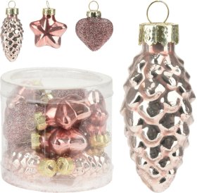 Ornamentinių eglutės žaisliukių rinkinys, stikliniai, skirtingų dizainų, sidabro sp., 16 vnt.