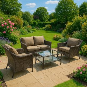 Lauko baldų komplektas NOVELLY HOME Elde YH-277, dvivietė sofa, 2 foteliai, stalas, spl. ruda