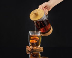 Kavos, žolelių ir arbatos virimo aparatas AMBITION NATURAL, stiklinis su bambukiniu dangteliu 1 l, ST