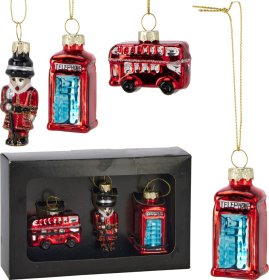 Eglutės žaisliukai Londonas, stiklas, raudonos sp., rinkinys 3 vnt.