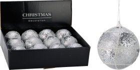 Eglutės žaisliukas, sidabro sp., su linijomis ir blizgučiais, skersmuo 8 cm.