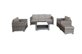 Sodo baldų komplektas NOVELLY HOME Terrace YH-1099_1, 3 dalių sofa, pufas, 2 foteliai, stalas, pilkas ratanas su rudomis pagalvėmis