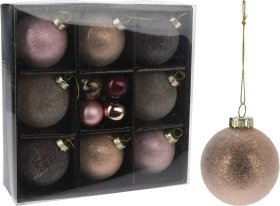 Eglutės žaisliukų rinkinys, 16 vnt., rožinės ir violetinės sp., su karoliukais, skersmuo 3-6 cm