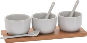 Serviravimo padėkliukas, su keraminiais dubenėliais ir šaukšteliais