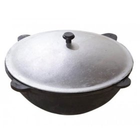 Uzbekiškas ketaus kazanas KAZAN MANGAL, išdegintas, šlifuotas, su aliuminiu dangčiu, plokščias dugnas, 16l