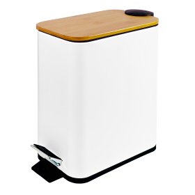 Vonios šiukšledėžė SEPIO, 6L, plieno, bambukinis lėtai nusileidžiantis dangtis, baltos spl.