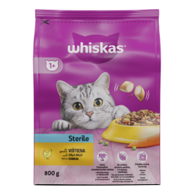 Sausas kačių ėdalas WHISKAS Sterile, visavertis pašaras su vištiena, 800 g