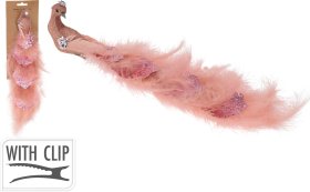 Kalėdinė dekoracija Povas, prisegamas, su plunksnomis, rožinės sp., 24 cm