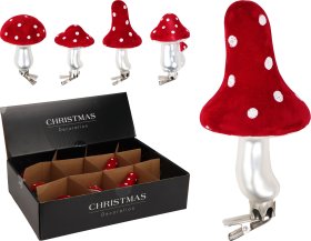 Eglutės žaisliukas Grybas, įv. dydžių, raudonos, baltos ir sidabro sp.