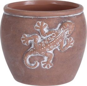 Kambarinis vazonas, su driežo dekoracija, terakoto sp., išmatavimai 12,5 x 12 x 11 cm.