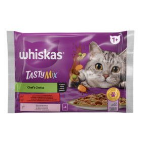 Konservuotas kačių ėdalas WHISKAS Tasty Mix, su mėsa, žuvimi ir daržovėmis, suaugusioms katėms, 4x85g