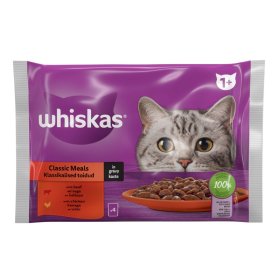 Kačių ėdalas WHISKAS Classic, su jautiena ir vištiena, konservuotas, 4vnt x 85g