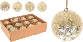 Eglutės žaisliukai, 12 vnt., dekoruoti karoliukais, 4 skirtingi dizainai, šampano sp., 8 cm