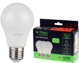 LED lempa V-TAC, 8.5W (=60W), E27 A60, 3000K, 806lm, 3vnt