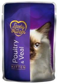 Konservuotas kačių ėdalas LOVELY HUNTER, kačiukams su paukštiena ir veršiena, maišelyje, 85g