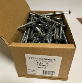Šiferiniai sraigtai, 6 x 100 mm., (T30,19EPDM), RAL7024, t. pilka sp., cinkuoti, su tarpine, 100 vnt.