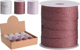 Dovanų pakavimo juosta su blizgučiais, baltos, rožinės ir bordo sp., 1 cm x 10 m