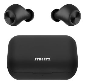Įkraunamos belaidės ausinės STREETZ TWS-110, Bluetooth 5, įkrovimo dėklas 500 mAh, matinės juodos sp.