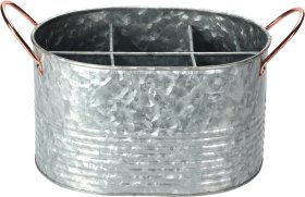 Metalinis lauko vazonas, su rankenomis, sidabrinės sp., 29 x 19 x 18 cm.