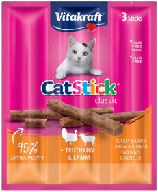 Skanėstas katėms VITAKRAFT Cat-Stick Mini, kačių pagaliukai su kalakutiena ir ėriena, 3vnt