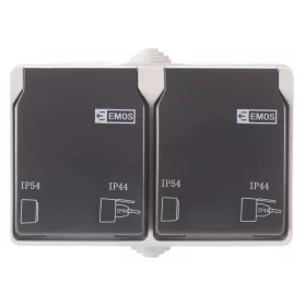 Kištukinis lizdas EMOS A1396.1, 2 vietų, paviršinis, su įž., IP44, 16A/250V, baltos sp., juodu dangteliu