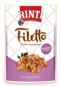 Konservuotas šunų ėdalas RINTI Filetto, su vištiena ir kumpiu, maišelyje, 100g