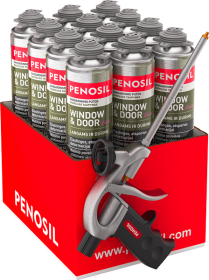 Langų ir durų pistoletinės sandarinimo putos PENOSIL, Window & Door Elastic, 750 ml, 12 vnt + putų pistoletas C1