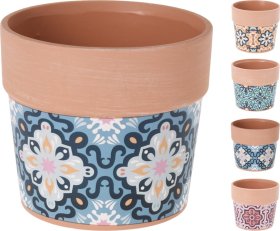 Kambarinis keraminis vazonas, terakoto sp., 4 skirtingi dizainai, su ornamentais, 12,5 x 12,5 x 11 cm.