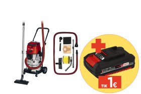 Akumuliatorinis dulkių siurblys EINHELL TE-VC, 36/30 Li S,18 V, Li-ion, siurbimo galia 150 mbar, garso slėgio lygis 76 dB (A), talpa 30 l, svoris 8,08kg, be akum