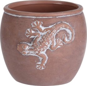 Kambarinis vazonas, su driežo dekoracija, terakoto sp., išmatavimai 17,5 x 17 x 14,3 cm.