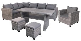 Lauko baldų komplektas Leon, komplektą sudaro: stalas, kampinė sofa, fotelis ir 2 pufai, pilkos sp.