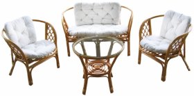 Pintas sodo baldų komplektas BAHAMA, pagalvėlės baltos sp., ratanas, apkrova iki 120 kg, stalas 60 x 57 cm, kėdės 70 x 55 x 52 cm, sofa 115 x 60 x 72 cm