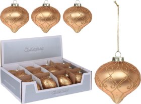 Eglutės žaisliukas, svogūno formos, dekoruotas aukso sp. blizgučiais, stiklinis, 8 cm, aukso sp., 3 dizainai