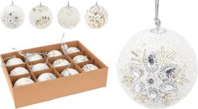 Eglutės žaisliukai, 12 vnt., dekoruoti karoliukais, 4 skirtingi dizainai, baltos sp., 8 cm